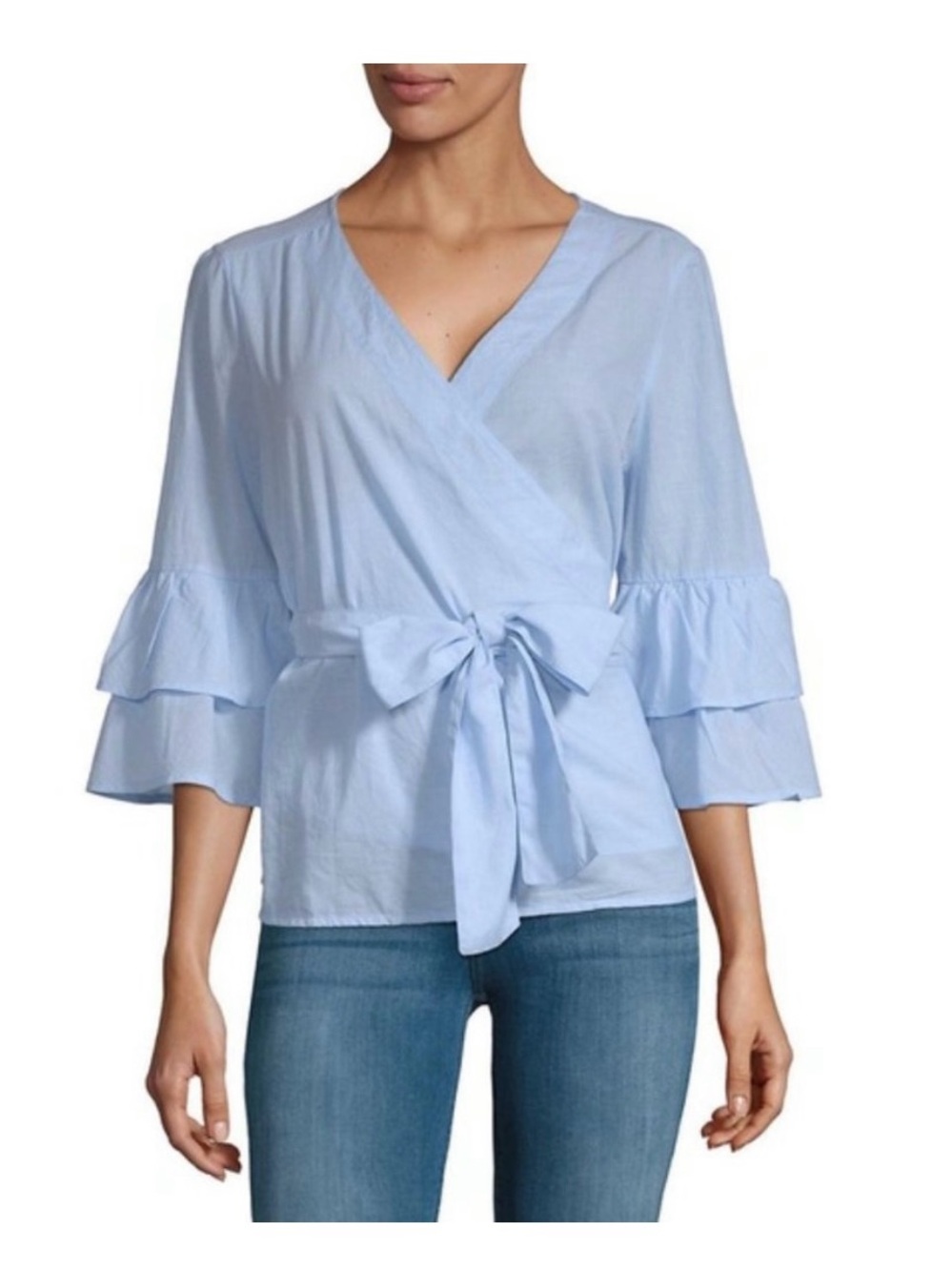 beachlunchlounge Light Blue Wrap Top with Tiered Ruffle Sleeves Size Large